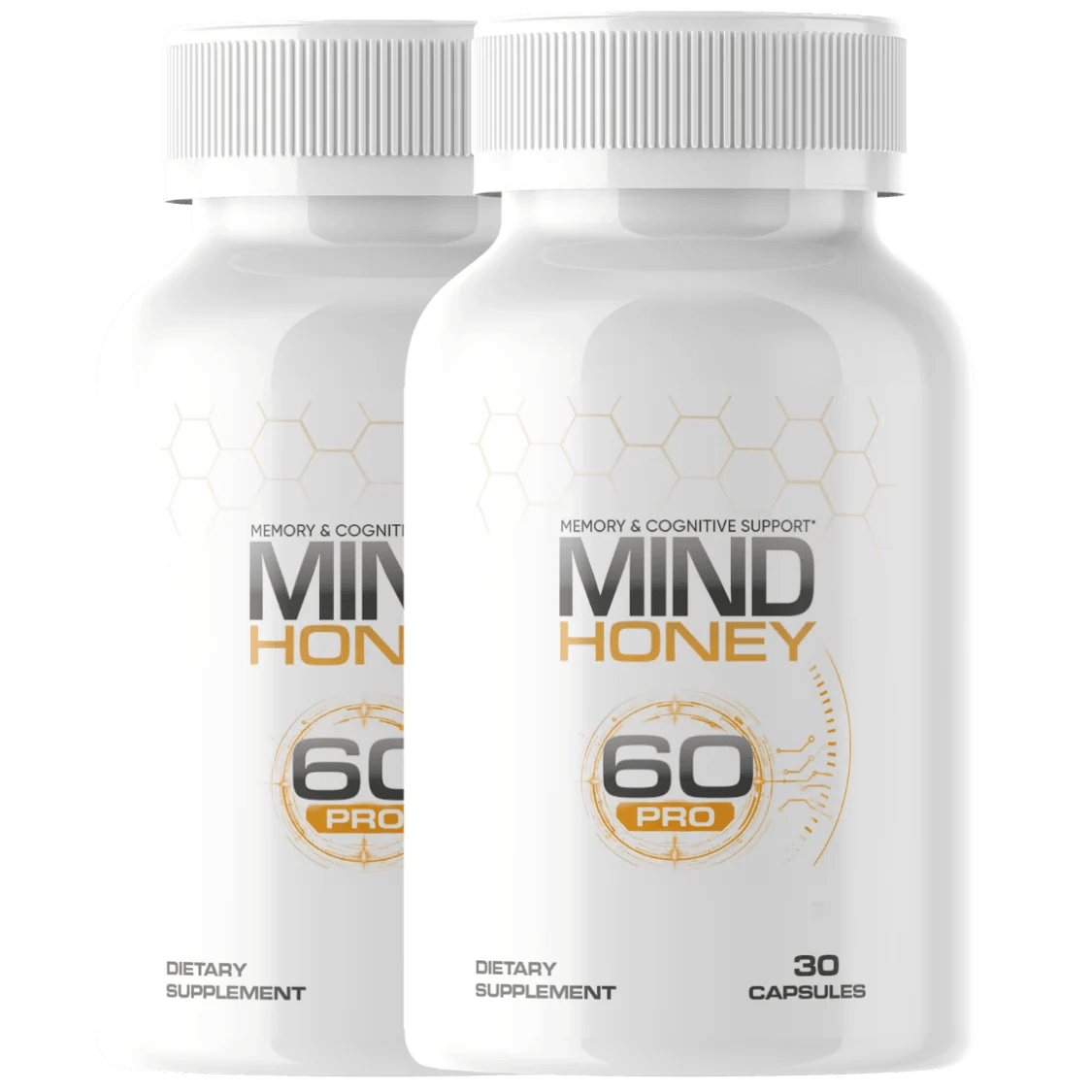 two amber supplement bottles with gold honeycomb label reading Mind Honey Pro, studio product photog