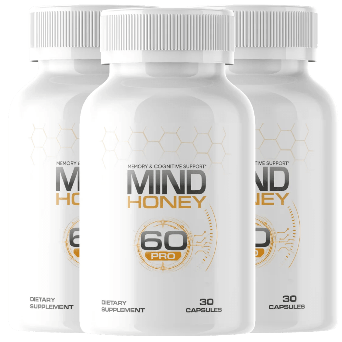 three amber supplement bottles with gold honeycomb label reading Mind Honey Pro, arranged together, 